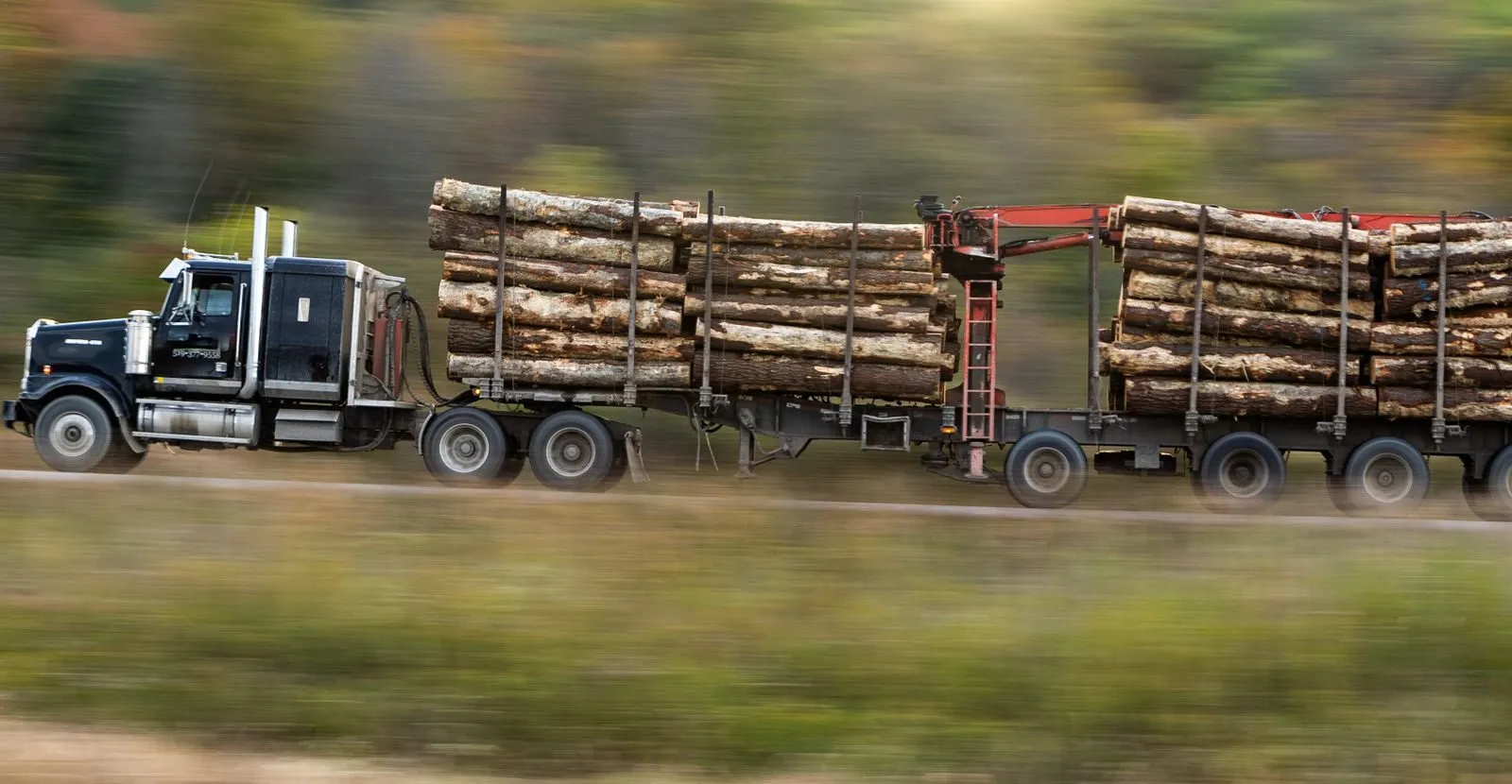 A loaded logging truck on the highway