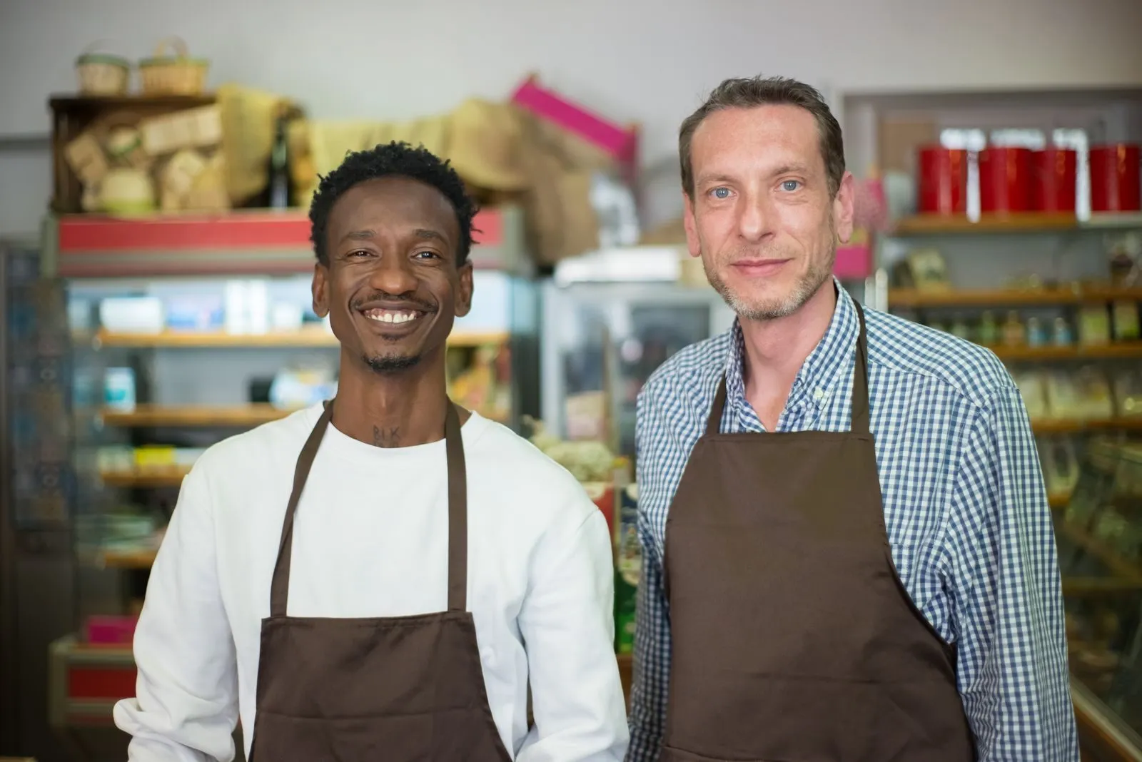 Two shop owners in aprons smiling in their store